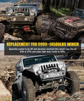 Off-road vehicles using Synthetic Winch Rope For Off Road Recovery Three Eighths Inch By Eighty Five Foot 25000 Lbs on rugged terrain