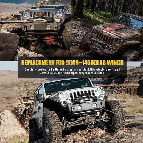Off-road vehicles using Synthetic Winch Rope For Off Road Recovery Three Eighths Inch By Eighty Five Foot 25000 Lbs on rugged terrain