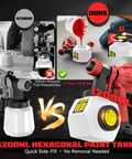 Professional Grade Cordless Paint Sprayer Compatible With Milwaukee 18V Side Fill 1200 ML Tank with hexagonal tank comparison.