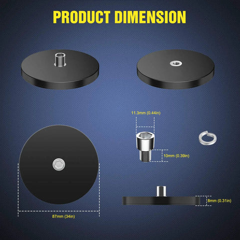 Product dimensions of 2 Piece Magnetic Base LED Light Bar Mounting Brackets With Rubber Coated Sucker Holders, showing measurements