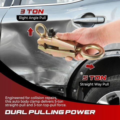 5 Ton Dual Direction Auto Body Clamp Self Tightening Frame Pull Clamp Grips For Collision Repair in use on car.