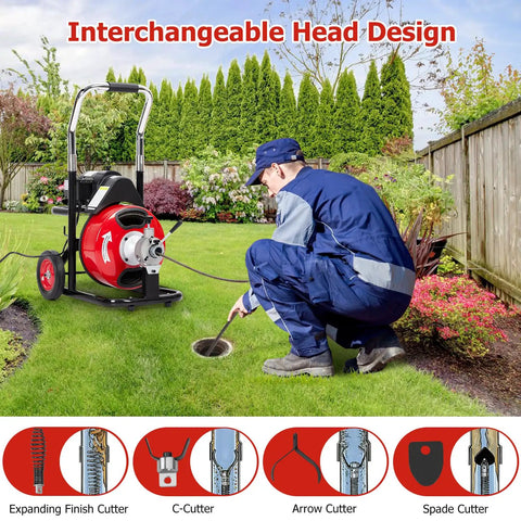 Pro Electric Drain Snake With 75 Ft Cable, Auto Auger Machine For 1 To 4 Inch Pipes, man using interchangeable head in garden.