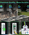 Heavy Duty Whole House HVAC Surge Protector 120/240V With TPMOV Technology Watertight Enclosure 5 Year Warranty image showcasing usage on AC units.