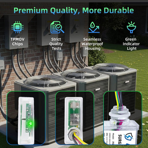 Heavy Duty Whole House HVAC Surge Protector 120/240V With TPMOV Technology Watertight Enclosure 5 Year Warranty image showcasing usage on AC units.