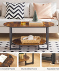 Oval Wood Coffee Table With Dual Open Storage Shelves Chill Farmhouse Vibe For Cozy Living Rooms And Home Offices Rustic Brown Finish Sturdy Base with adjustable feet.