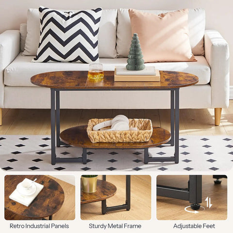 Oval Wood Coffee Table With Dual Open Storage Shelves Chill Farmhouse Vibe For Cozy Living Rooms And Home Offices Rustic Brown Finish Sturdy Base with adjustable feet.