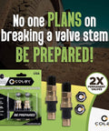 Permanent Valve Stem Replacement Kit For Tubeless Tires in packaging with heavy duty metal valve stems and brass components, USA made.