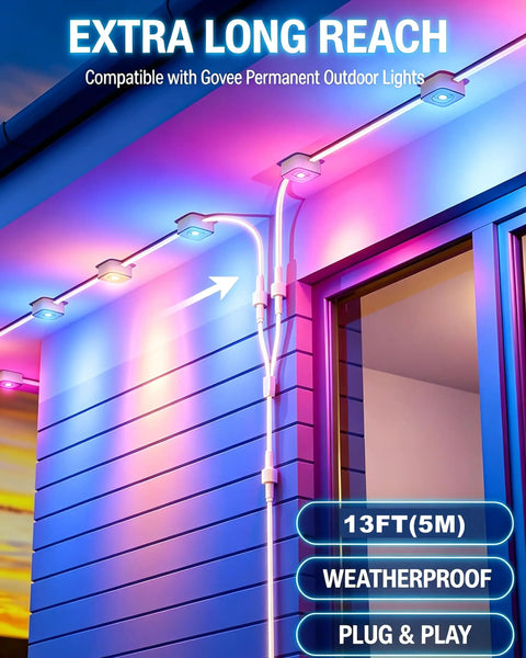 Pro Grade 13 Foot Extension Cable For Permanent Outdoor Lighting Slick Weatherproof Wire showcasing connected outdoor lights on a house.