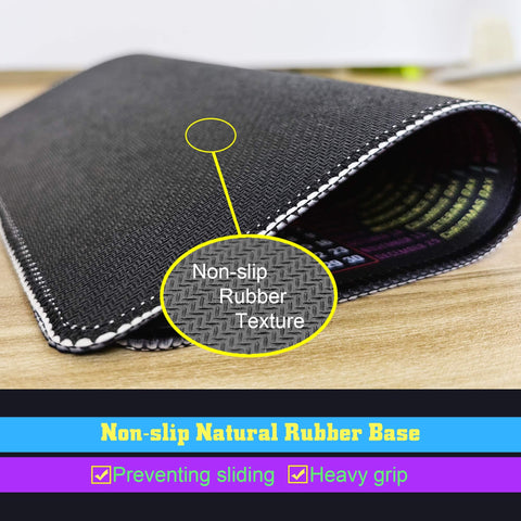 Close-up of Stitched Edge Slick Mouse Pad With Non Slip Rubber Base For Computers And Laptops, 9.6 X 7.9 Inch 0.1 Inch Thick Black Calendar Edition 2026, Textile Weave Surface For Precision Tracking, Washable, Fade Resistant showing non-slip texture.