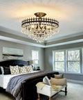 5-Light Modern Crystal Chandeliers Dope Matte Black Semi-Flush Mount Ceiling Light Fixture in elegant bedroom setting
