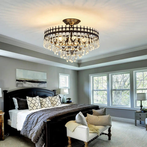 5-Light Modern Crystal Chandeliers Dope Matte Black Semi-Flush Mount Ceiling Light Fixture in elegant bedroom setting