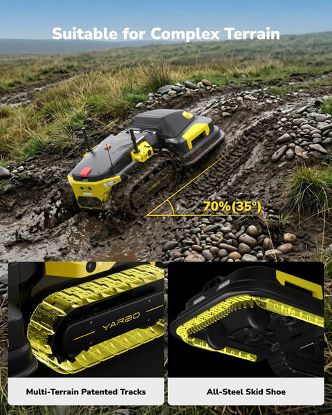 Robot Lawn Mower Pro with modular design on rocky terrain, showcasing multi-terrain tracks and steel skid shoe for large yards up to 6 acres