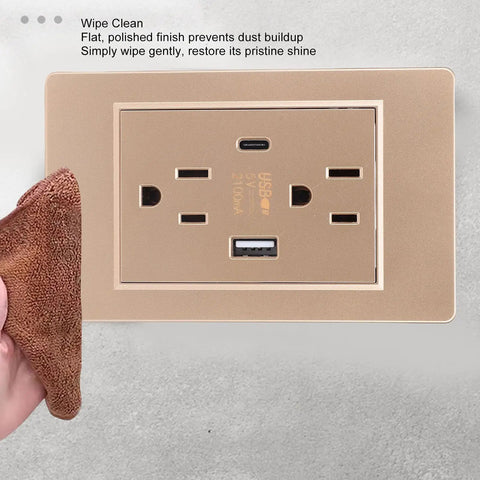 Heavy Duty Wall Outlet With Dual Usb And Type C Charging Ports, 15 Amp Electrical Receptacle shown being cleaned with a cloth.