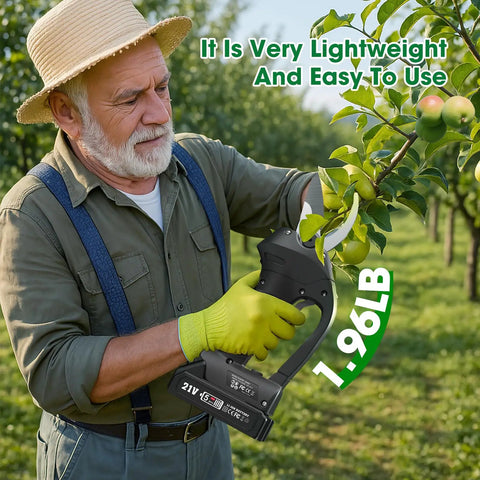 Person using Cordless Electric Pruning Shears For Gardening And Landscaping, Brushless Motor Power, Portable Pruner with 1 inch cut.
