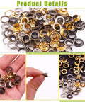 All In One Eyelet Grommet Kit With 240 Pcs 4mm 5/32 Inch Thickened Metal Eyelets in gold, silver, bronze, black in hand and scattered