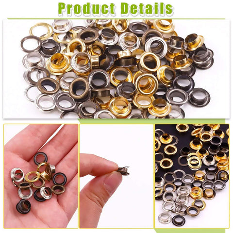 All In One Eyelet Grommet Kit With 240 Pcs 4mm 5/32 Inch Thickened Metal Eyelets in gold, silver, bronze, black in hand and scattered