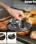 Using a cast iron rounded patty press on burgers, part of the 27 Piece Flat Top Grill Accessory Kit For Blackstone Outdoor Griddle Grillin Essentials With Extra Wide Burger Spatula Long Spatulas Rounded Flipper Tongs Basting Cover Patty Press And Hibachi Tools
