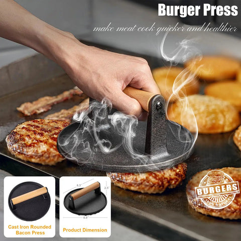 Using a cast iron rounded patty press on burgers, part of the 27 Piece Flat Top Grill Accessory Kit For Blackstone Outdoor Griddle Grillin Essentials With Extra Wide Burger Spatula Long Spatulas Rounded Flipper Tongs Basting Cover Patty Press And Hibachi Tools