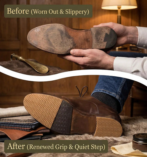 Before and after using 4 Pack Self Stick Shoe Sole Repair Pads Non Slip Heel Protectors for Men and Women Durable Rubber Replacement Pads in Black and Khaki Easy Peel and Stick Shoe Sole Care on brown leather shoes.