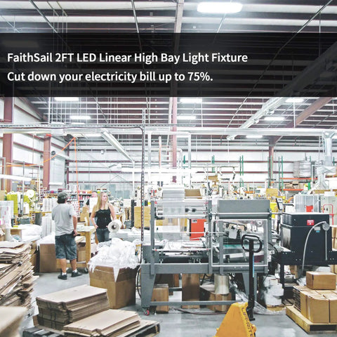 Kickass 2FT Linear LED High Bay Shop Light 165W 22000LM 5000K Crisp White illuminating a busy warehouse with workers.