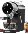 No Fuss Twenty Bar Semi Automatic Espresso Machine With Slick Touch Panel Controls brewing espresso in double shot glasses.