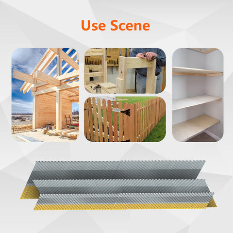 15 Gauge Angled Finish Nails 34 Degree Galvanized Set 900 Pack For Pneumatic Or Electric Nailer Assorted Sizes shown in use