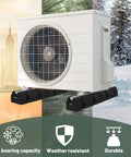 Rock Solid Rubber Mini Split Base Pad Set Of 2 For AC Condenser Leveling Feet under outdoor unit on uneven surface with snow.