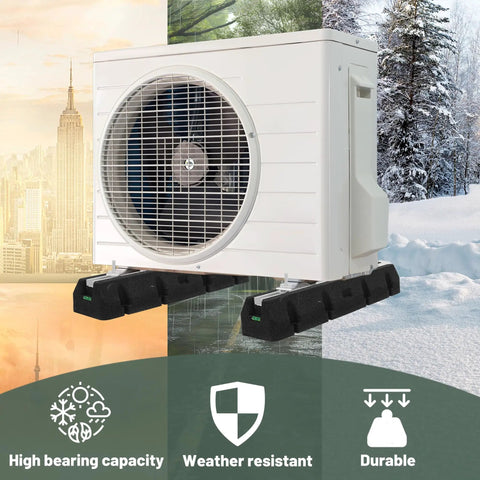 Rock Solid Rubber Mini Split Base Pad Set Of 2 For AC Condenser Leveling Feet under outdoor unit on uneven surface with snow.