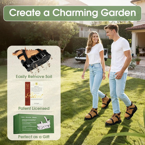 Two people walking on grass wearing Spring Loaded Double Layer Lawn Aerator Shoes For Yard And Garden Aeration With Springs.