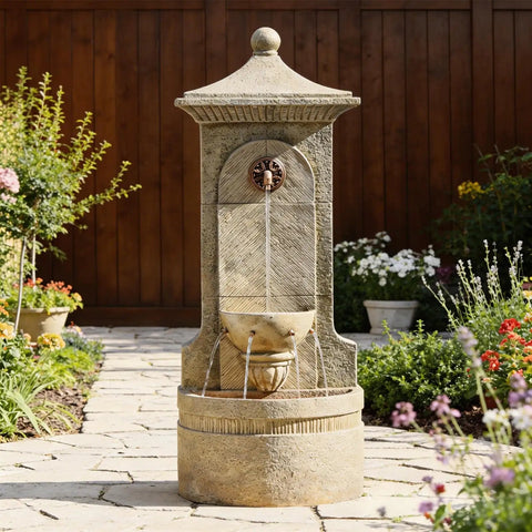 Massive Outdoor Wall Fountain With LED Lights 42.91 Inch Tall Freestanding Garden Water Feature in courtyard garden setting