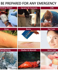 Image showcasing emergency uses of Big 324 Piece First Aid Kit With Labeled Compartments, including CPR and wound care.