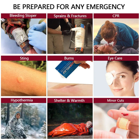 Image showcasing emergency uses of Big 324 Piece First Aid Kit With Labeled Compartments, including CPR and wound care.