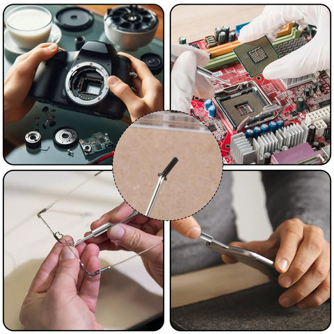 Collage showing 500 Pieces Tiny Screws Micro Repair Kit M1.2 M1.4 M2.0 used for cameras, electronics, glasses, and tools with screwdriver