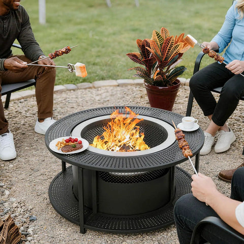37 Inch Smokeless Fire Pit Tabletop For Outdoor Patio with stainless steel design, people enjoying food around it, low smoke visible.