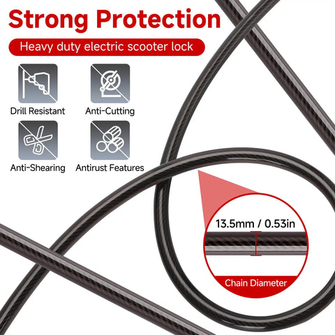 Beefy 140 Cm Anti Theft Cable Lock With Scooter Bag 13 Mm Chain Weatherproof Anti Shear Anti Rust With 3 Keys For Electric Scooters Bikes And Motorcycles Plus Heavy Duty Security Bolt Cutter Resistant Hardened Alloy Steel Construction