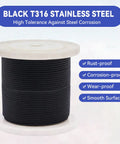 Pro Grade Black Stainless Steel Cable Railing For Outdoor Decks Features Slick 1/8 Inch 7X7 Strand Wire With Rust Resistant Coating And Heavy Duty Cable Cutter Included For Smooth Custom Setup Over Four Hundred Feet Of Fencing roll of black T316 stainless steel wire showing its anti-corrosion features.
