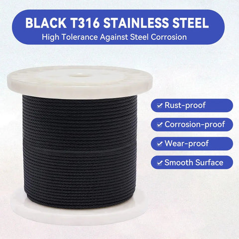 Pro Grade Black Stainless Steel Cable Railing For Outdoor Decks Features Slick 1/8 Inch 7X7 Strand Wire With Rust Resistant Coating And Heavy Duty Cable Cutter Included For Smooth Custom Setup Over Four Hundred Feet Of Fencing roll of black T316 stainless steel wire showing its anti-corrosion features.