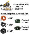 Enhanced Dust Collection Port For DWS779 And DWS780 Miter Saws, No Mess Cleanup, features hose adapters for various sizes.