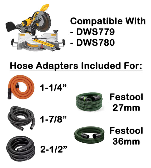 Enhanced Dust Collection Port For DWS779 And DWS780 Miter Saws, No Mess Cleanup, features hose adapters for various sizes.