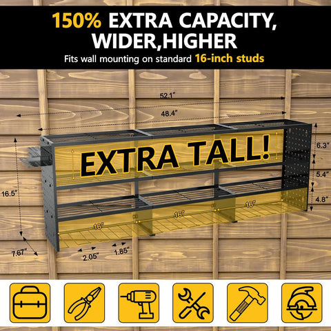 49 Inch Wide Heavy Duty Power Tool Organizer Wall Mount, 4 Tier Drill And Tool Rack With 12 Drill Holders in garage
