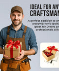 Man holding gift box in workshop, showcasing Adjustable Insert Plate Router Lift With Double Stainless Steel Support Rods For 64 To 66 Millimeter Trimming Machine Aluminum Under Table Base Hella Durable Badass Precision Woodworking Upgrade In Vibrant Red.