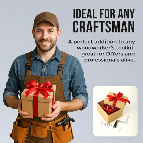 Man holding gift box in workshop, showcasing Adjustable Insert Plate Router Lift With Double Stainless Steel Support Rods For 64 To 66 Millimeter Trimming Machine Aluminum Under Table Base Hella Durable Badass Precision Woodworking Upgrade In Vibrant Red.