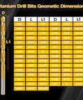 60 Piece Titanium Drill Bit Set For Metal Wood And Plastic, Pro Grade HSS Jobber Length Twist Bits With Dimensions Chart