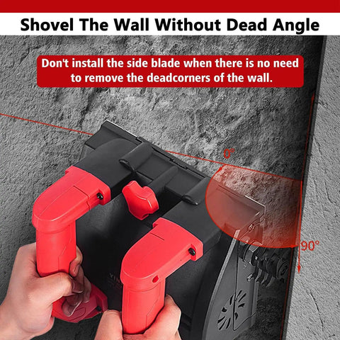 Badass 1680 Watt Electric Wall Planer Shaving Off Drywall And Plaster Quicker Than Hand Tools With Adjustable Cut Settings and Rotating Steel Blades For Flawless Walls showing handles and cutting angle on wall.
