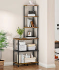Heavy Duty Six Tier Industrial Corner Shelf With Swap Out Wood And Steel Mesh Boards Plus Work Surface Kicks Up Storage In Tight Quarters Perfect For Clean Setups In Apartments Or Home Offices Rustic Tone.