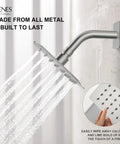 Top Shelf Brushed Nickel Shower Set With Tub Faucet And Swivel Head Bathroom Trim Kit showing metal showerhead and water flow.