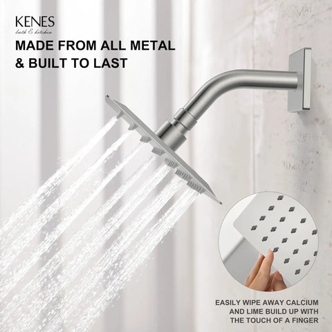 Top Shelf Brushed Nickel Shower Set With Tub Faucet And Swivel Head Bathroom Trim Kit showing metal showerhead and water flow.
