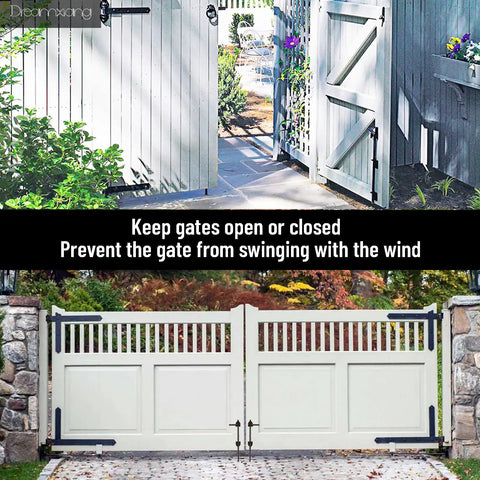 Heavy Duty Cane Bolt Gate Drop Rod Latch For Wood PVC Vinyl Metal Fences And Gates 12 Inch Solid Steel Ground Door Hardware Black Powder Coated Keeps Gates Open Or Closed 2 Pack shown installed on a gate.