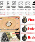 Set Of Four Heavy Duty Industrial Pneumatic Caster Wheels With Brakes Double Ball Bearing Swivel Casters showing mounting dimensions and rubber tire details.