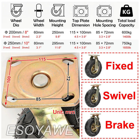 Set Of Four Heavy Duty Industrial Pneumatic Caster Wheels With Brakes Double Ball Bearing Swivel Casters showing mounting dimensions and rubber tire details.